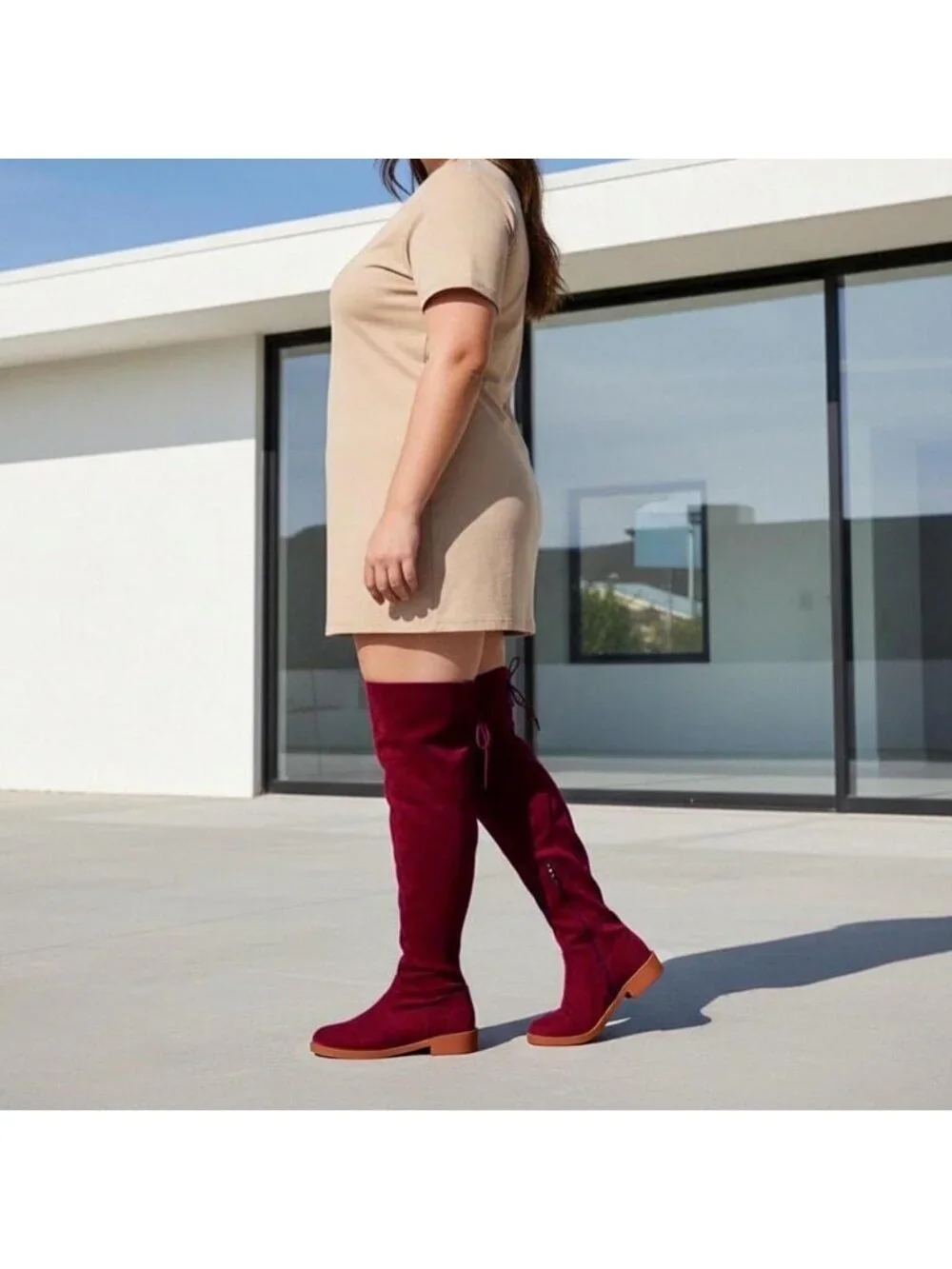 Women's Wine Red Faux Suede Back Lace Wide Calf Over-the-Knee Thigh-High Boots